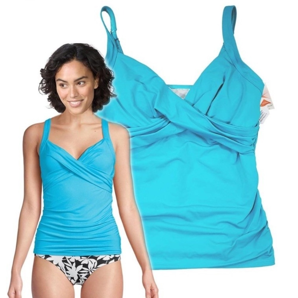 Lands End Tankini Swimsuit Top Aqua Blue Underwire Twist Front Women 14l 14 New